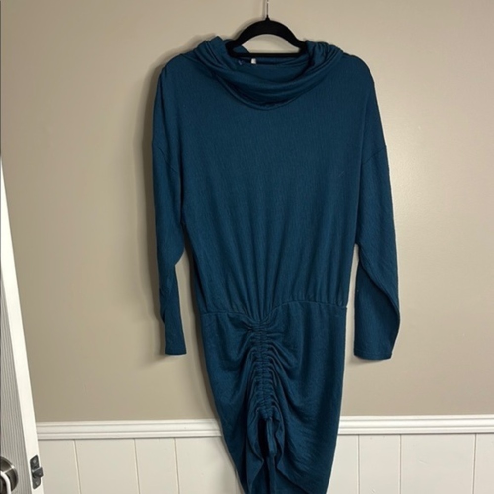 Free People Blue Long Sleeve Ruched Dress Cowl Neck Adjustable